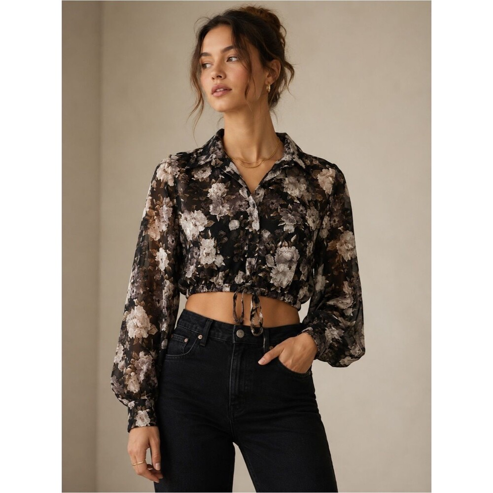 En Saison Anthropologie Black Floral Sheer Crop Blouse XS S Drawstring